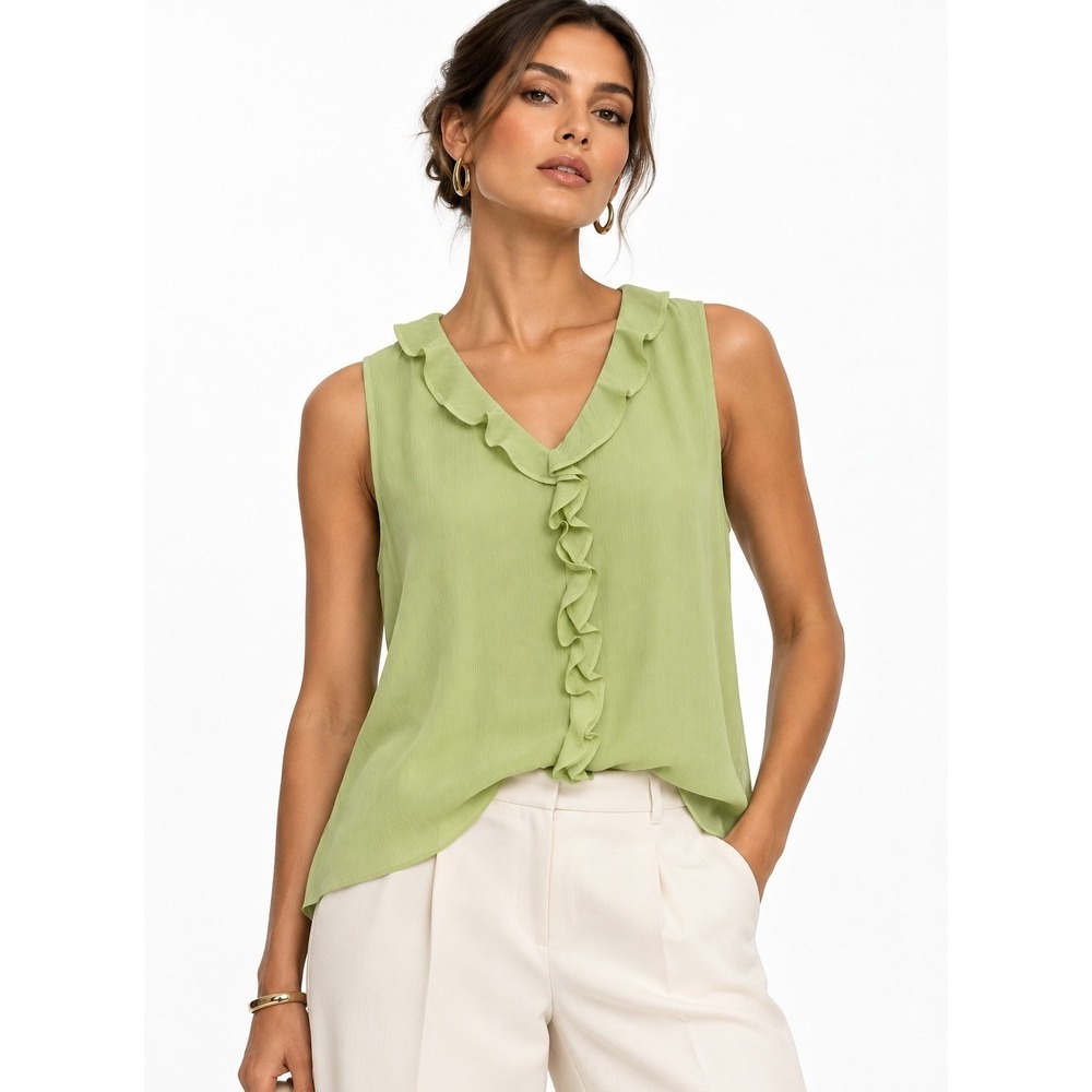 Vince Camuto Womens Ruffled Blouse Lily Green Sleeveless V-Neck XL NWT